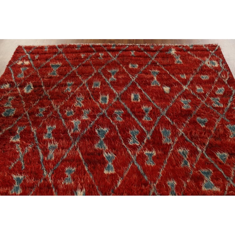 Hand Knotted Oriental 100% Wool Carpet Modern Tribal Red Moroccan Area Rug - 9' 9'' X 6' 5''