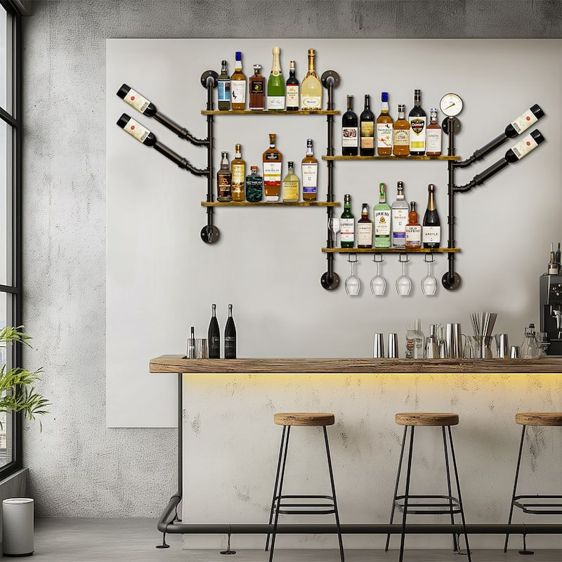 Industrial Pipe Wall Mounted Wine Rack Holder Corner Wine Storage Shelf 4 Tiers