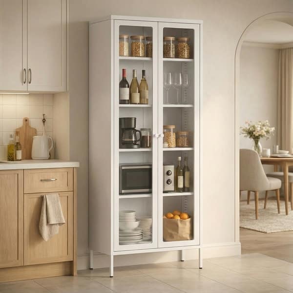slide 2 of 20, Kitchen Pantry Cabinet Glass Display Storage Buffet Sideboards with Glass Doors and 4 Adjustable Shelves