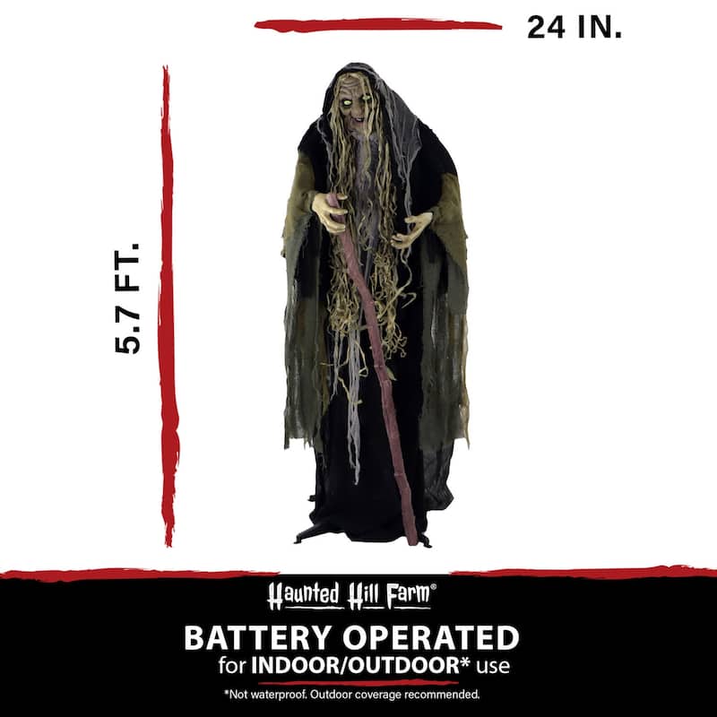 Haunted Hill Farm Life-Size Animatronic Witch, Indoor/Outdoor Halloween Decoration, Light-up White Eyes, Poseable