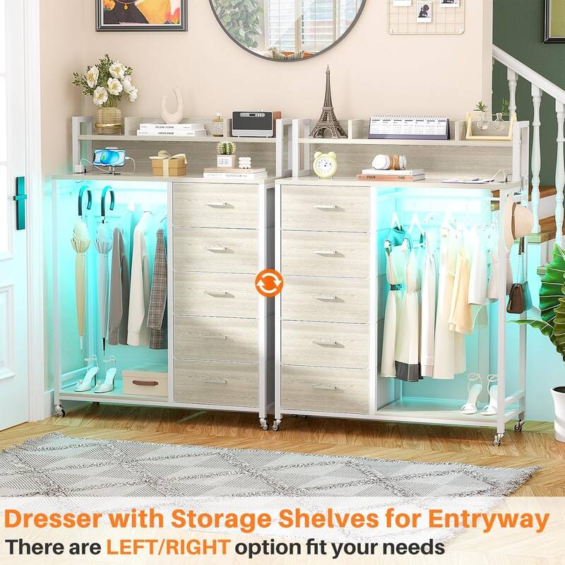 5 Drawers Dresser with Charging Station & LED Lights, Chest of Drawers with Hanging Rod ＆ Lockable Wheels ＆ Storage Shelves