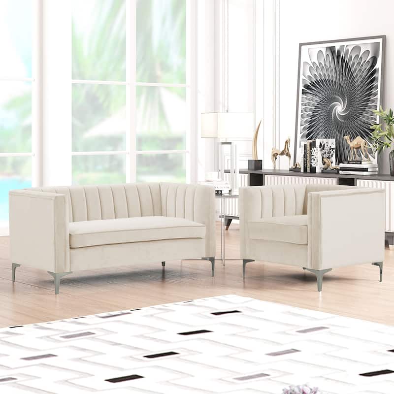 Morden Fort Modern 2 Pieces of Chair and Loveseat Set with Dutch Velvet Grey, Iron Legs - Beige