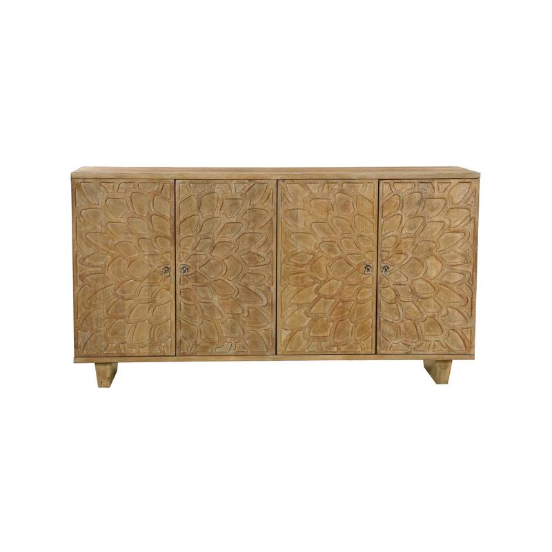 HomeRoots 70" Brown Distressed Solid Wood Carved Floral Sideboard with Four Doors - 70.00 in. x 38.00 in. x 18.00 in.