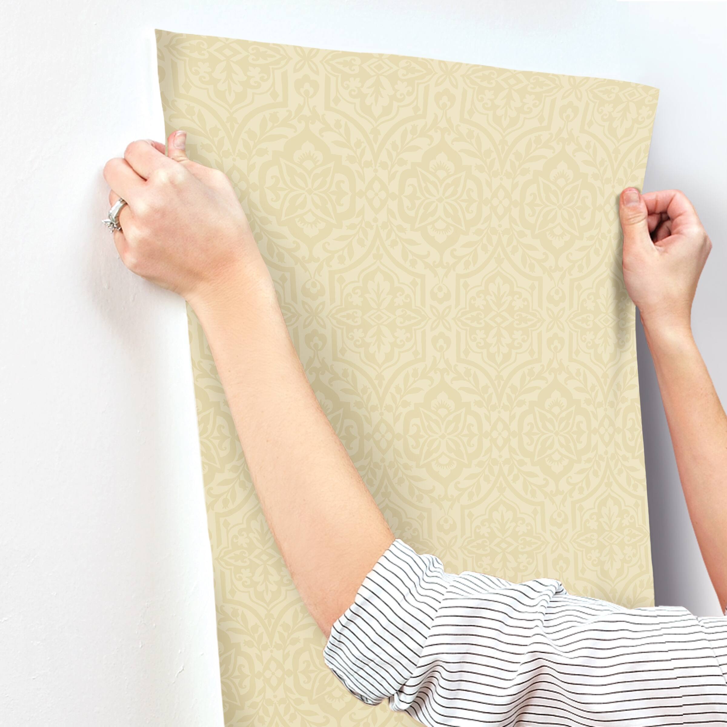 Gagny Gold Sure Strip Prepasted Damask Catherdral Damask Wallpaper