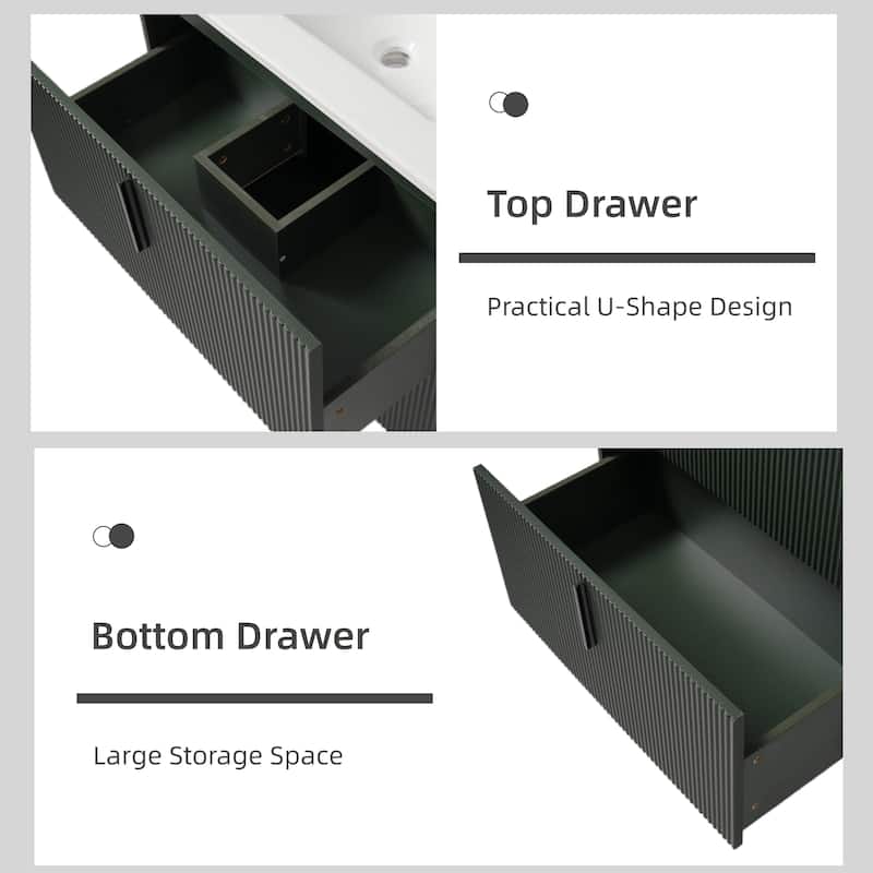 30" Bathroom Vanity with Ceramic Sink, Full-Extension Drawers, Soft-Close Undermount Slides and Fluted Design
