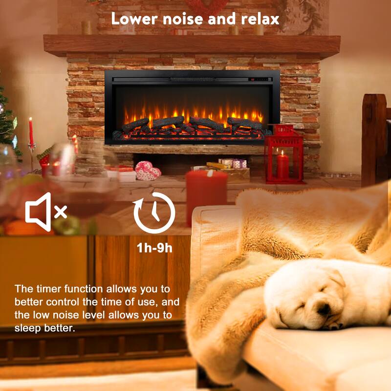 44" Electric Fireplace with Wall Recessed Installation, Remote Control, Adjustable Flame, and LED Heater