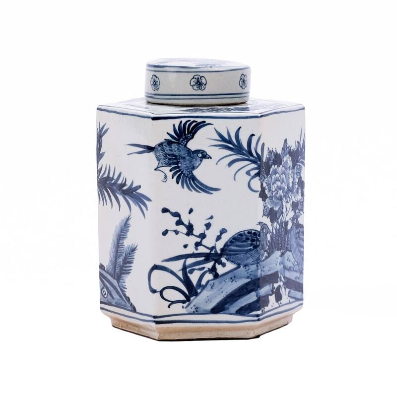Blue & White Hexagonal Flower Bird Tea Jar