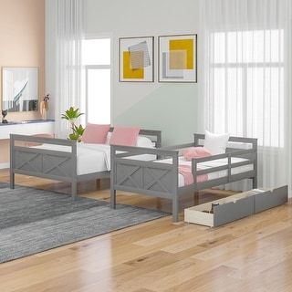 Modern Twin over Full Bunk Bed with Ladder, 2 Storage Drawers, Safety Guardrail Loft Bed Frame for Kids Teens Adults, Gray