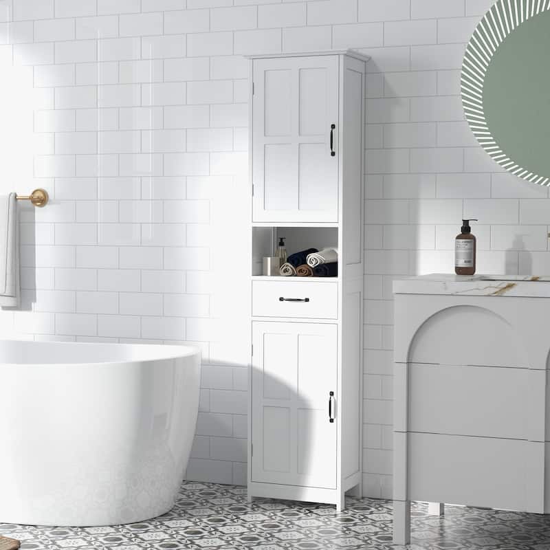 Practical Bathroom Floor Corner Cabinet with Doors, Storage Cabinet Toilet Paper Cabinet with Drawer and Open Shelf - White
