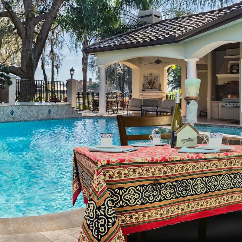 Sweet Us Amara Floral Cotton Block Print Tablecloth Rectangle - 58 x 88 in - Terracotta Ruby