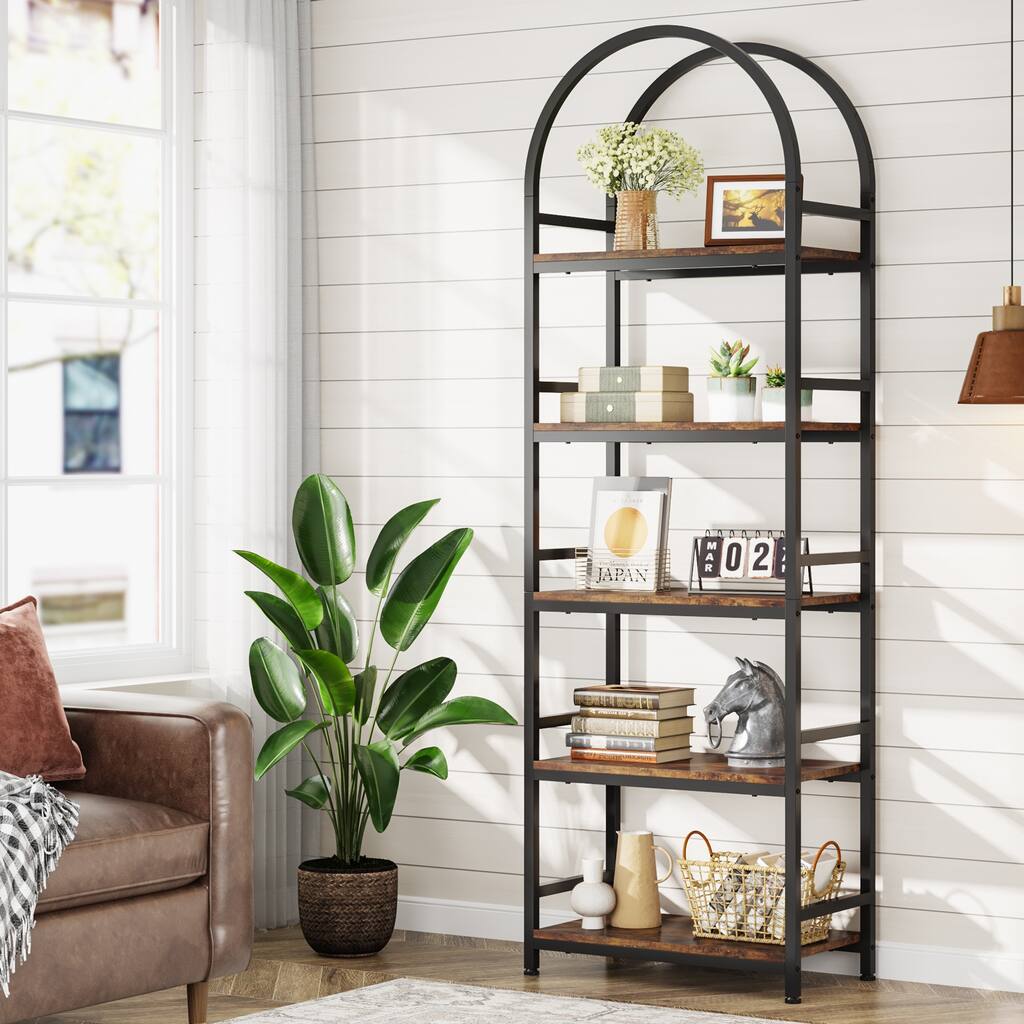 5-Tier Open Bookshelf, 74" Wood Display Shelf Rack, Shelving Unit