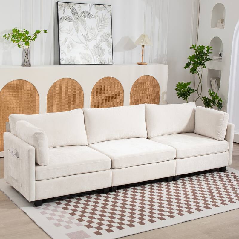 Chenille Upholstered 3 Seater Sofa, Cloud Sofa with 2 Pillows, Deep Seat Sofa with Storage Pocket for Living Room, Apartment