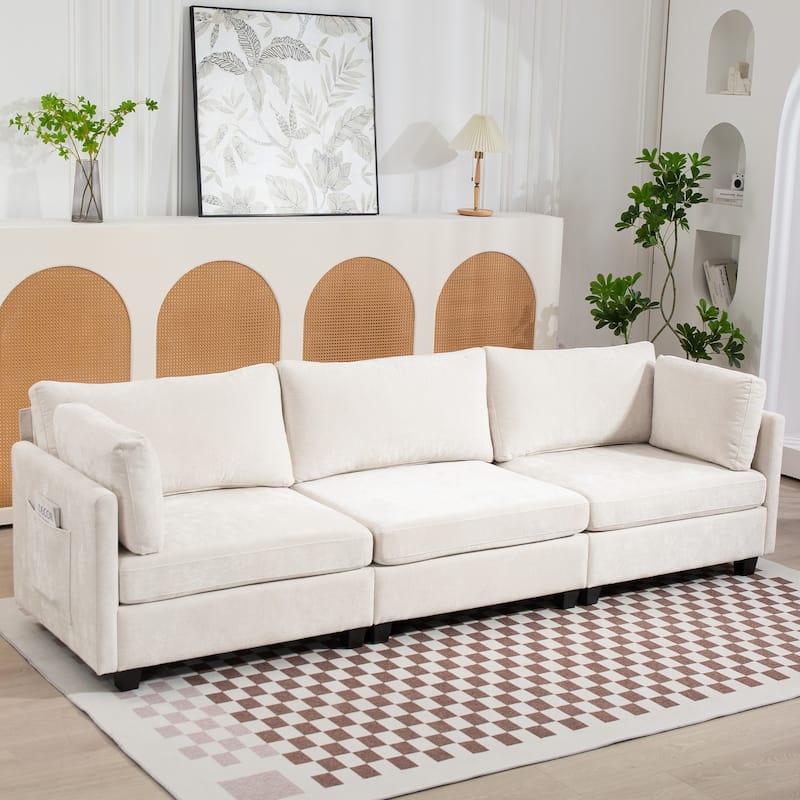 Comfy 3-Seater Chenille Fabric Sofa with Ultra-Soft Cushions and Side Pocket for Living Room, Apartment, Office