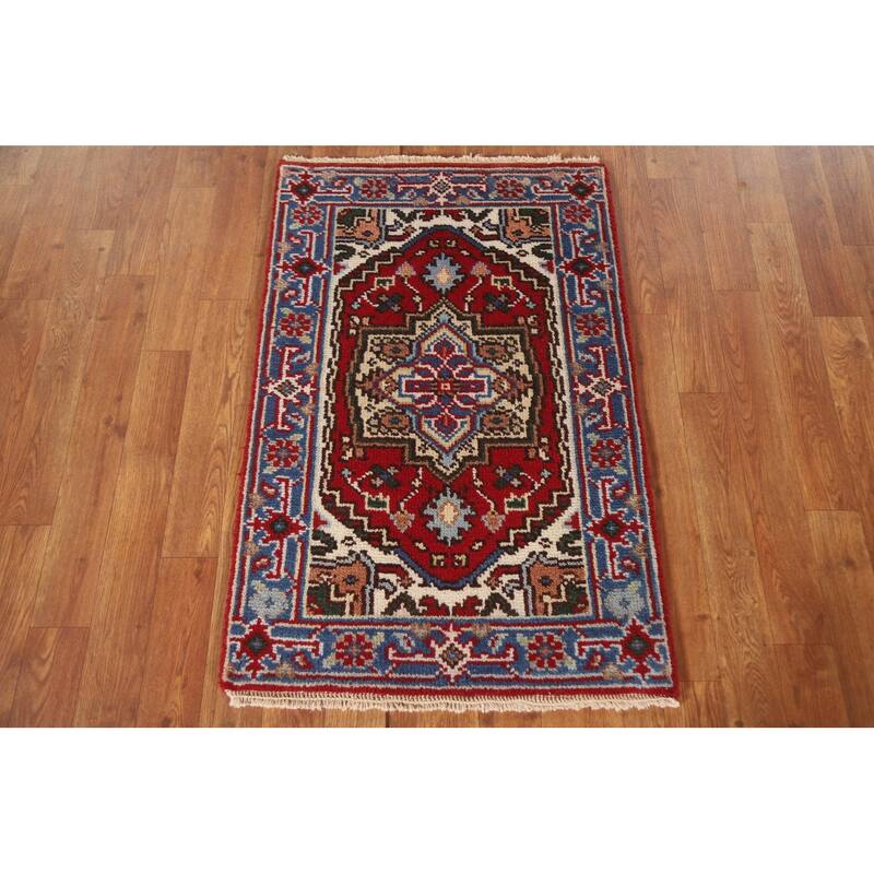 Red Geometric Heriz Serapi Indian Foyer Rug Hand-knotted Wool Carpet - 2'0"x 3'0"
