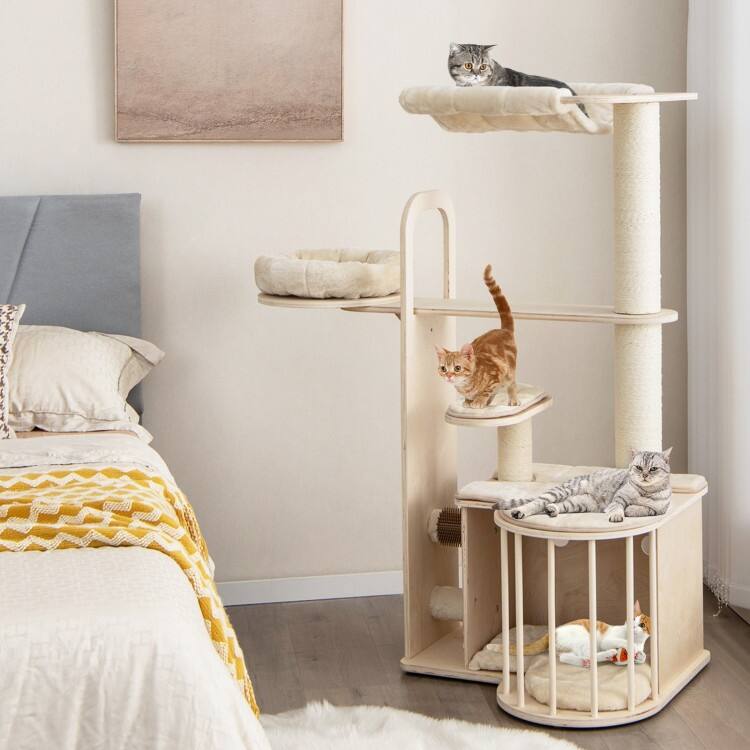 55 Inch Tall Multi-Level Cat Tree with Washable Removable Cushions-Natural - natural