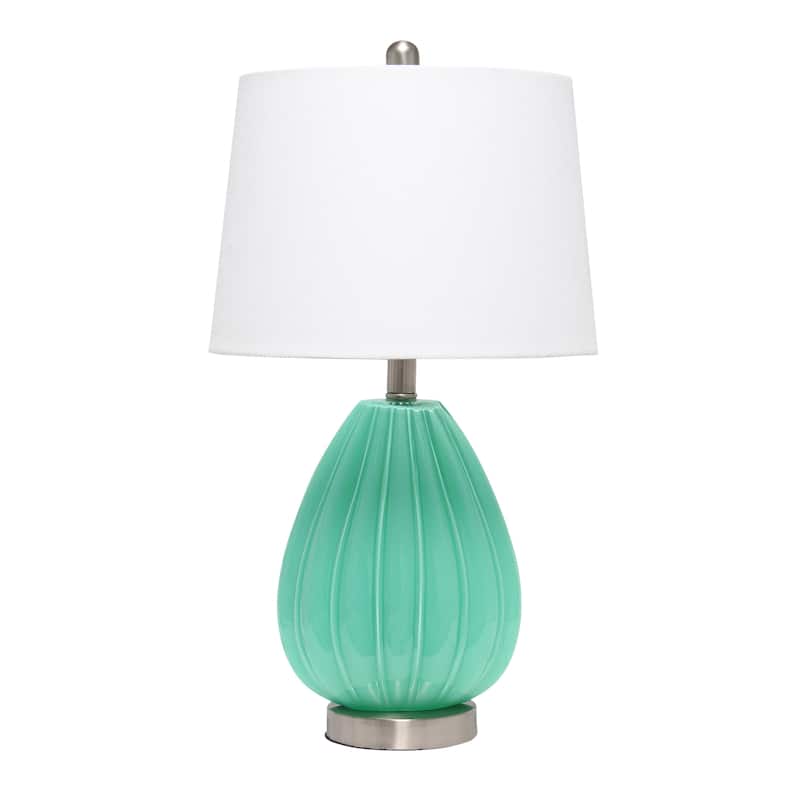 HomeRoots 23" Sea Green And Silver Geometric Lines Table Lamp With White Drum Shade - 13.00 in. x 23.25 in. x 13.00 in.