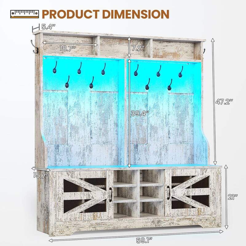 Hall Tree w/ Bench Shoe Storage Shoe Cubby Barn Door Adjustable Shelf