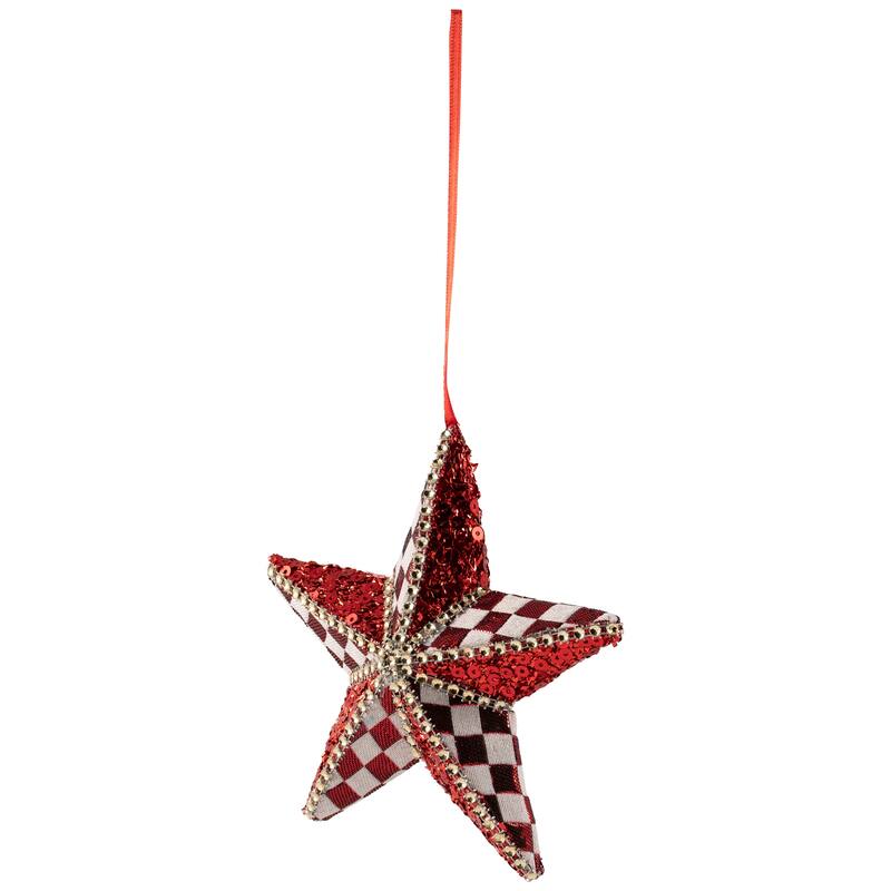 Sequined and Checkered Star Christmas Ornament - 6" - Red and White