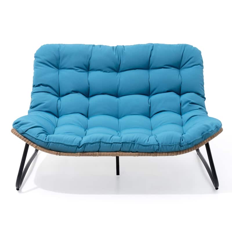 Double Papasan Chair Loveseat Oversized PE Rattan Chair with Cushion - Blue