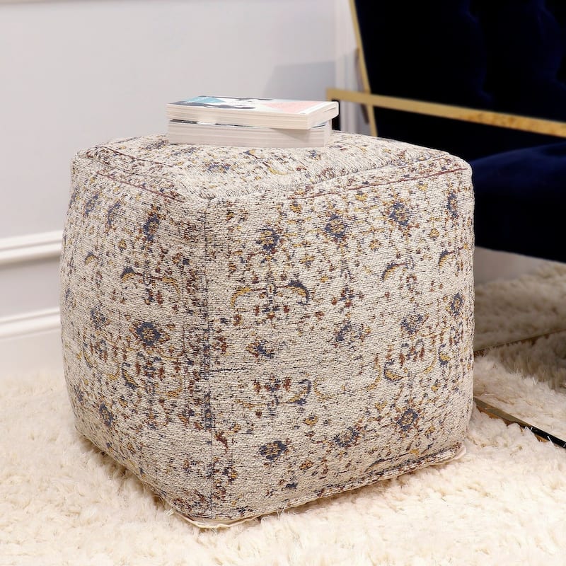 Pasargad Home Grandcanyon Distressed Cotton Pouf - Ivory/Blue