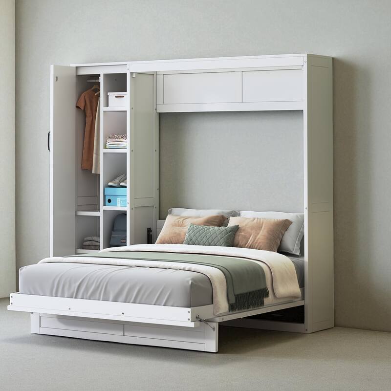 Full/Queen Size Murphy Wall Bed with Shelves, Wardrobe, LED Lights - Space-Saving Design