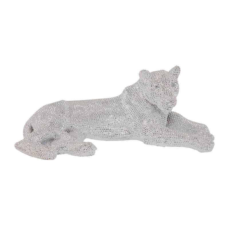Polystone Floor Leopard Sculpture with Carved Faceted Diamond Exterior - Black or Silver