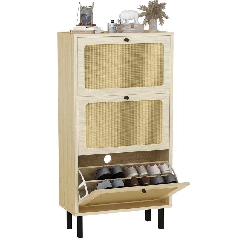 Bohotic Mid-Century Modern Style 3 Flip Drawers Shoe Cabinet Free Standing Shoe Rack for Home Office
