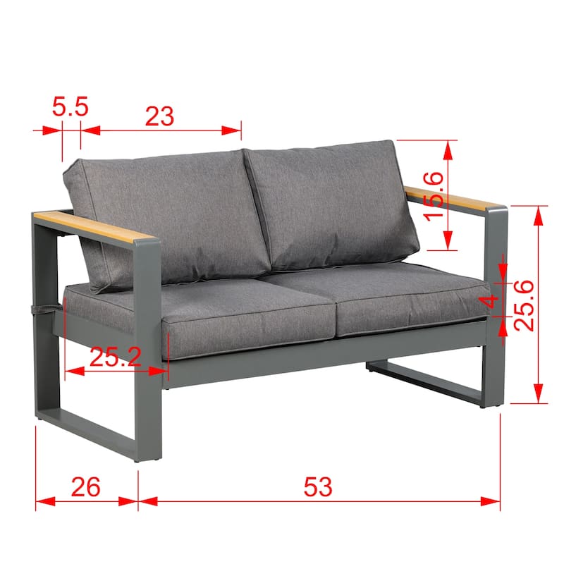 Aoodor Outdoor Aluminum Frame Loveseat with Grey Cushions, 53"W x 26"D x 26"H