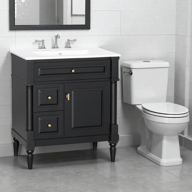 30" Freestanding Bathroom Vanity with Ceramic Sink, Solid Rubberwood Frame, Flip Drawer & Adjustable Shelf