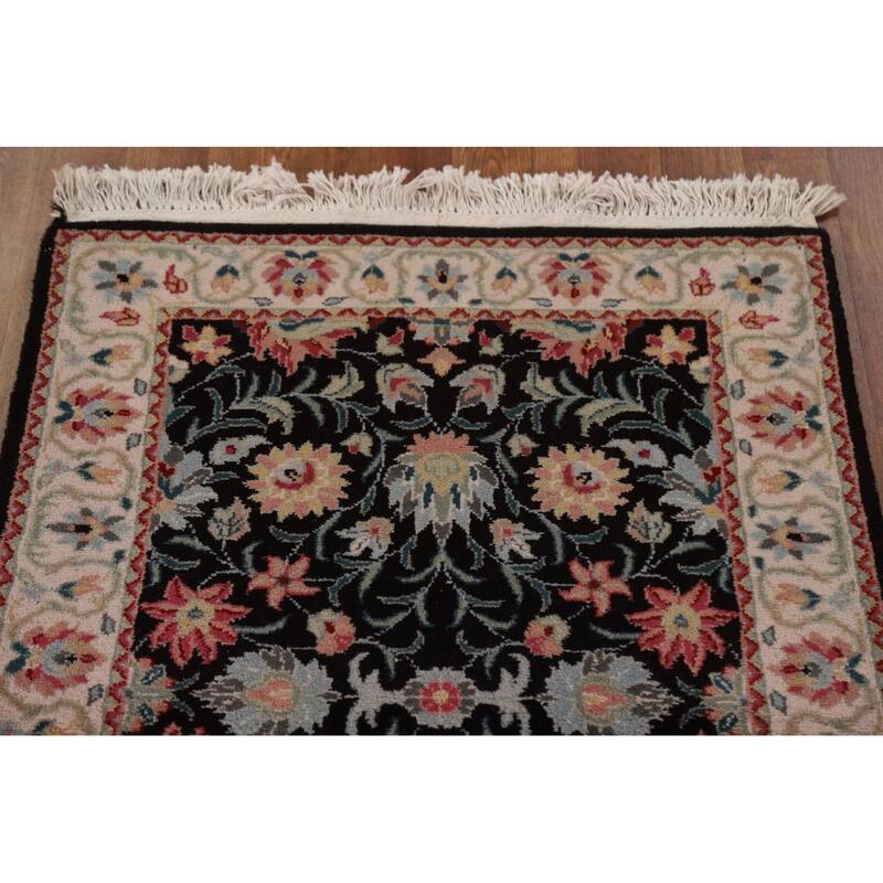 Hand Knotted Oriental 100% Wool Carpet Traditional Floral Black Kashan Runner Rug - 7' 8'' X 2' 6''