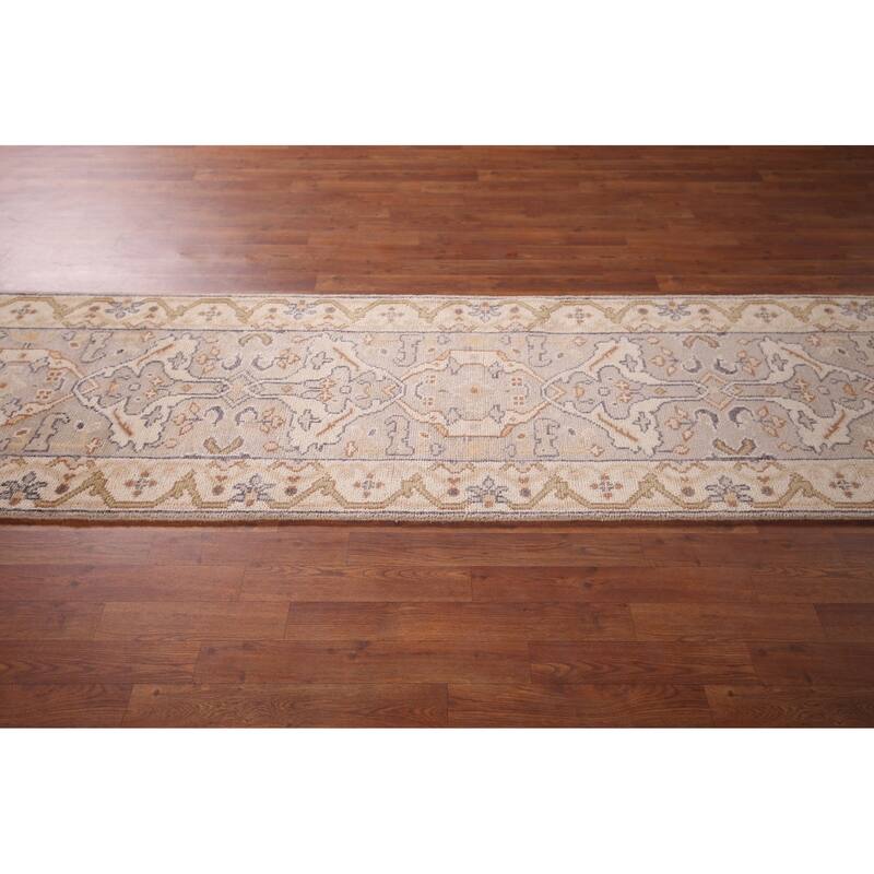 Ivory & Beige Oushak Indian Runner Rug Hand-Knotted Wool Carpet - 2'8"x 9'10"