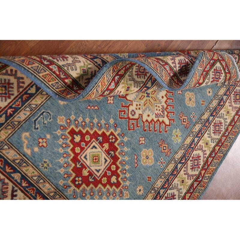 Light Blue Geometric Kazak Oriental Area Rug Handmade Wool Carpet - 4'0"x 5'11"
