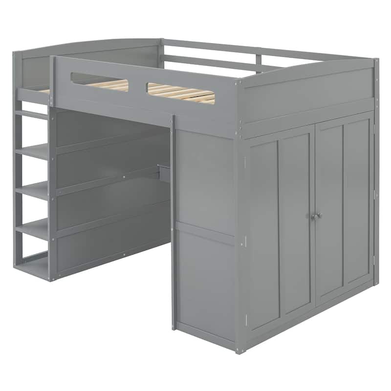 Full Size Solid Wood Loft Bed with Desk, Wardrobes, and Shelves