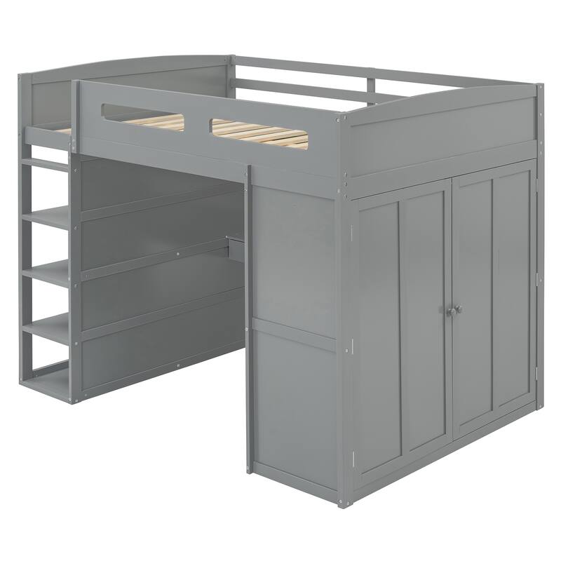Solid Wood Loft Bed with Desk, Wardrobes, and Shelves