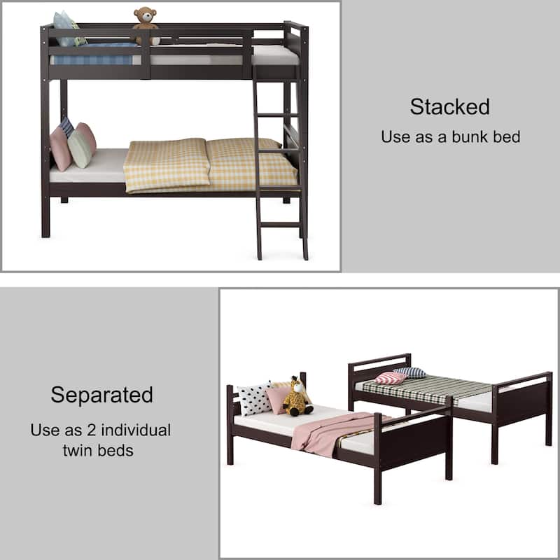 Costway Twin Over Twin Bunk Bed Convertible 2 Individual Beds Wooden