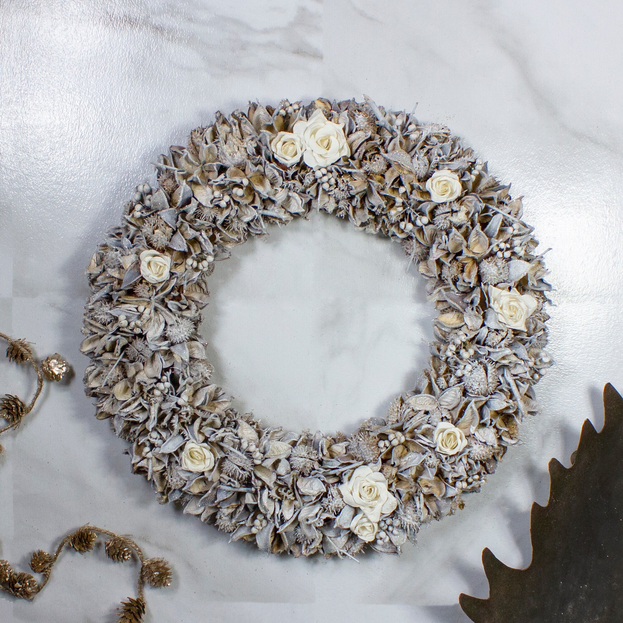 Shop White Glittered Rose And Walnut Shell Artificial Christmas Wreath 19 Inch Unlit Overstock 16541571