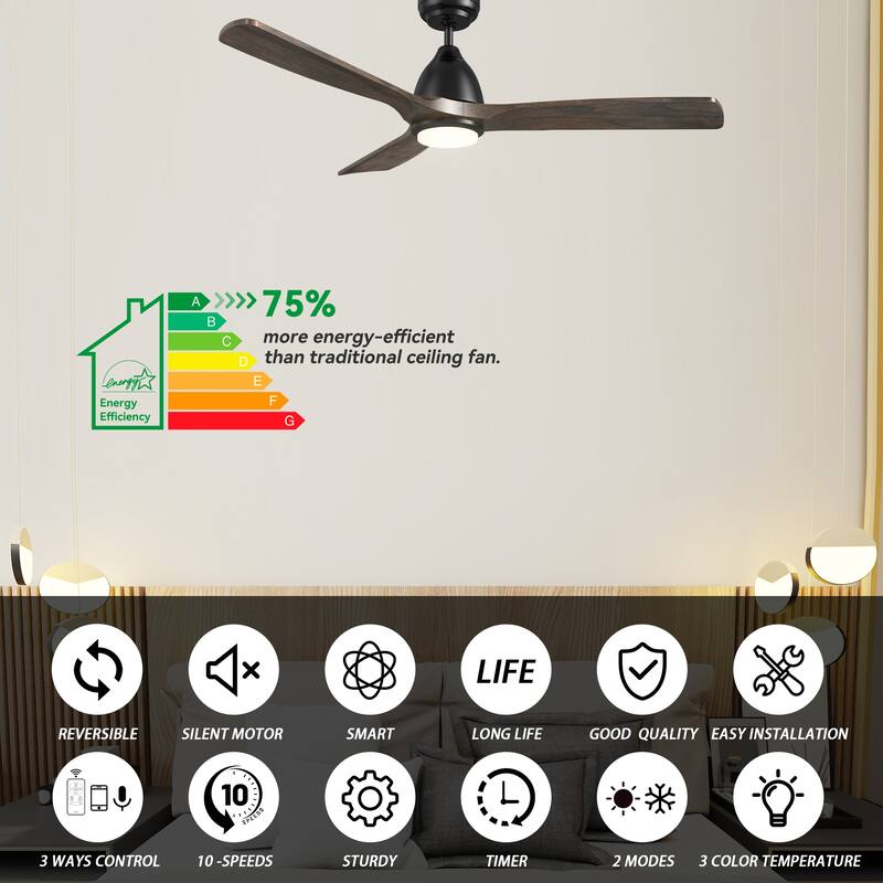 CARRO Abbott 48" 3-Blade Smart Ceiling Fan with LED Light Kit and Remote-Solid Wood