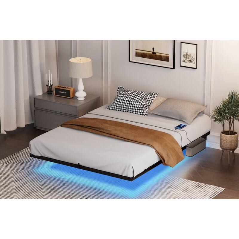 Floating Bed Frame with LED Lights ＆ charging station, Metal Platform