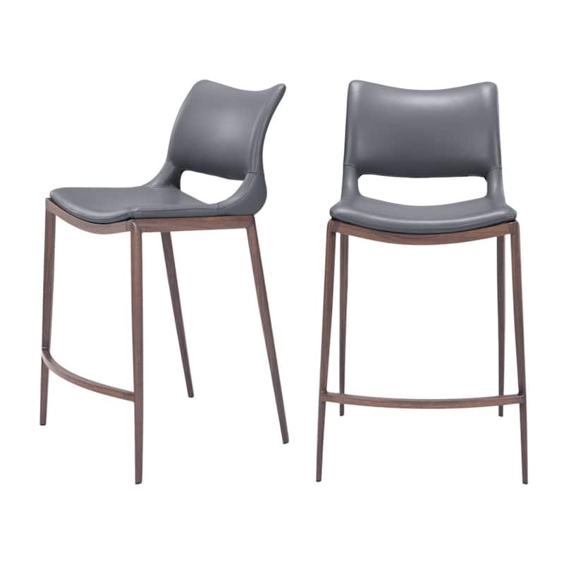 HomeRoots Set of Two 25" Dark Gray And Brown Faux Leather And Steel Low Back Counter Height Bar Chairs