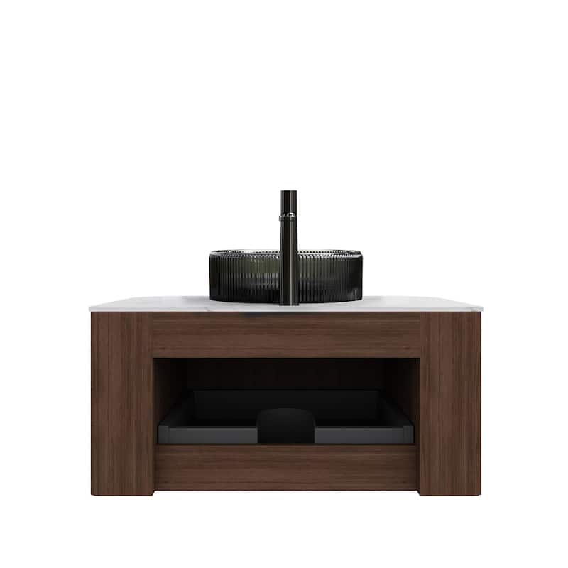 Wall Mounted Bathroom Vanity with Transparent Black Round Glass Basin