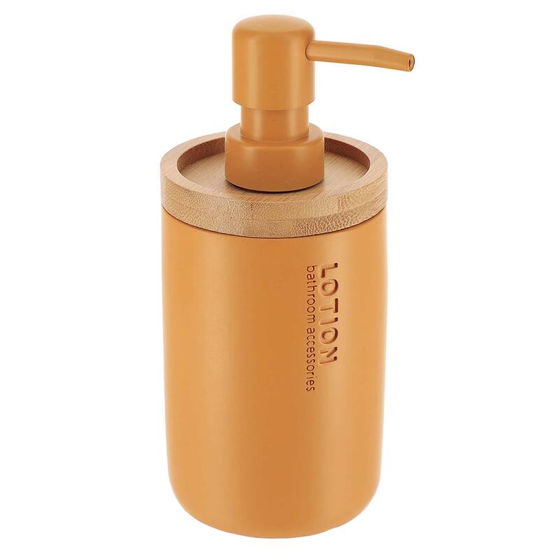 Elegant Soap Dispenser - Polyresin and Bamboo Design, Refillable Liquid Pump - 3 L x 3 W X 7 h