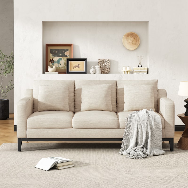 Beige Accent Sofa 3-Seater Sofa Couch with Wood Legs, Modern Settee Couch Upholstered Sofa for Living Room - Beige