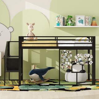 Twin Size Metal Low Loft Bed with Storage Staircase and Iron mesh - Bed ...