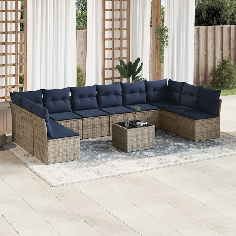 vidaXL 10/11 Piece Patio Sofa Set with Cushions Brown/Gray Poly Rattan - 21.7 x 24.4 x 27.2 - Beige and gray With table