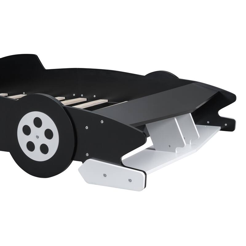 Full Size Wooden Race Car-Shaped Bed Frame with Guardrail
