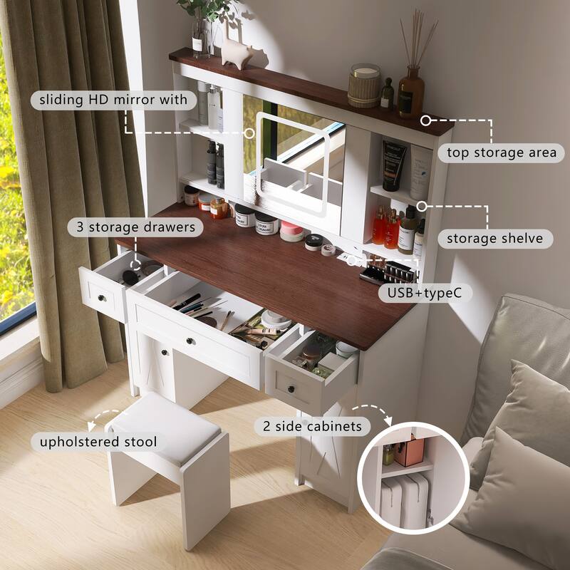 Makeup Table with Adjustable LED Lighting, Sliding Mirror, Charging Station, and Ample Storage Drawers, American Design