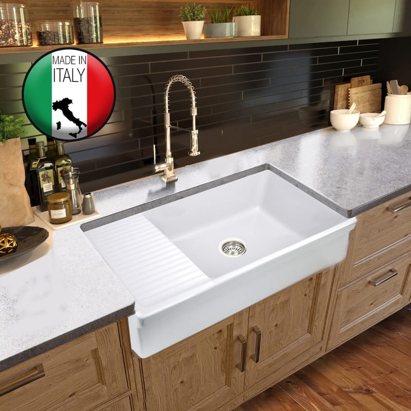 Highpoint Collection Fireclay Farmsink with Built In Drainboard - 36" x 20" x 10"