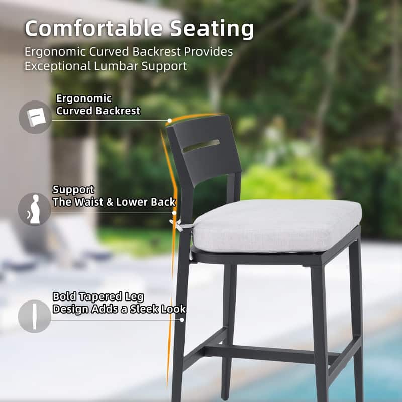 2PC Modern Outdoor Bar Stools: Aluminum, Ergonomic Backrest, Tapered Legs, Footrest, Sunbrella Cushion, Weather-Resistant.