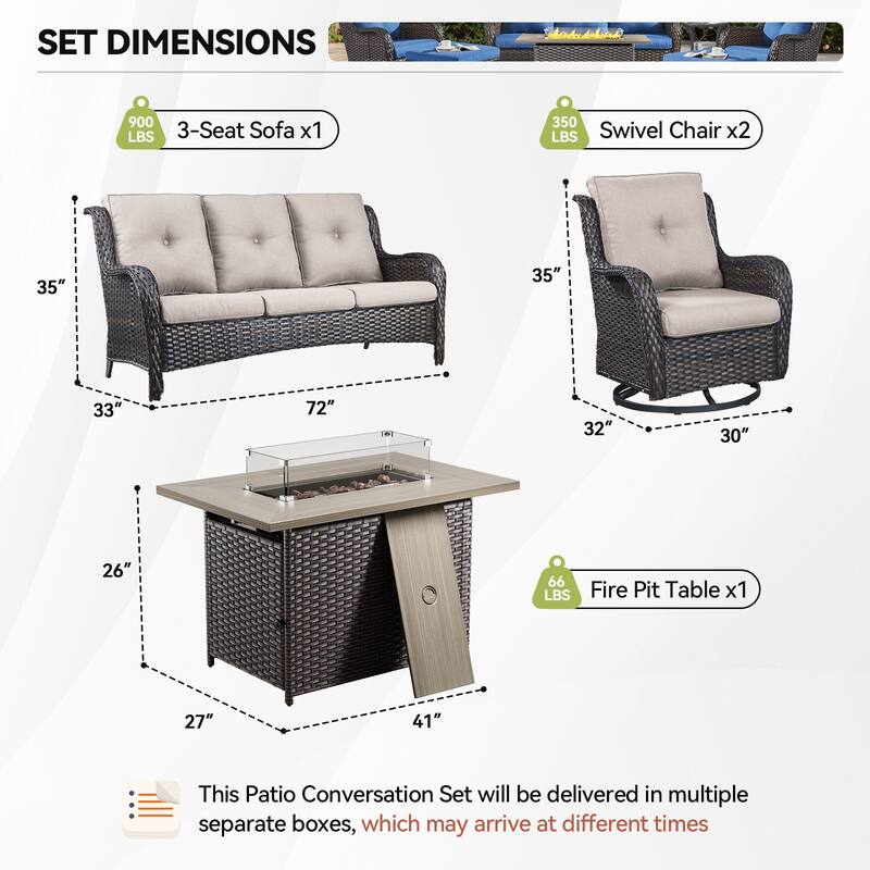 Gymojoy 4-Piece Outdoor Furniture Set, 2 Swivel Glider Chairs, 3-Seat Sofa & 55K BTU Fire Pit Table