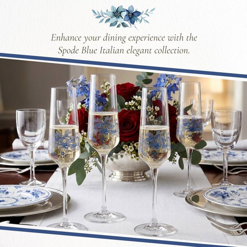 Spode Blue Set of 4 Italian Glassware Champagne Flutes - 8 oz
